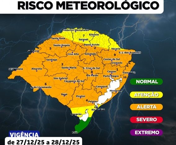 Final da semana no Rio Grande do Sul terá avanço de frente fria com tempestades isoladas, granizo e rajadas de vento