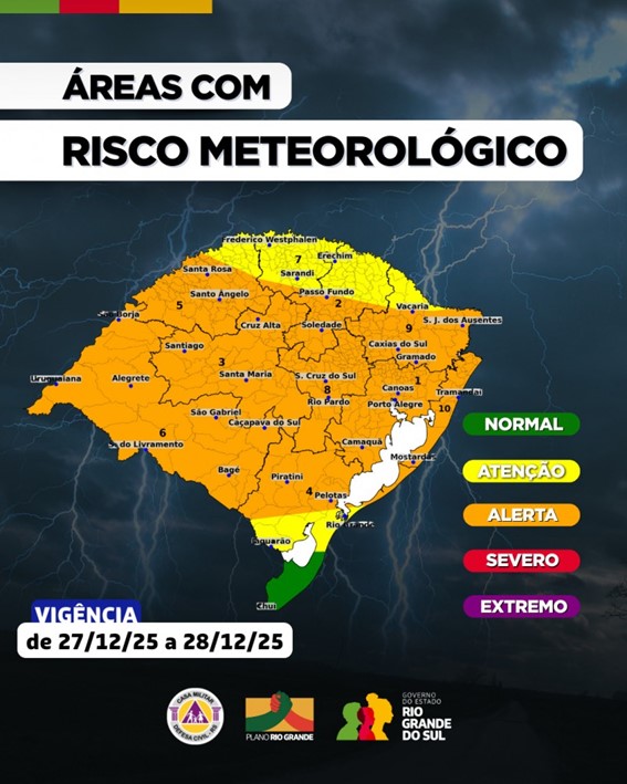 Final da semana no Rio Grande do Sul terá avanço de frente fria com tempestades isoladas, granizo e rajadas de vento