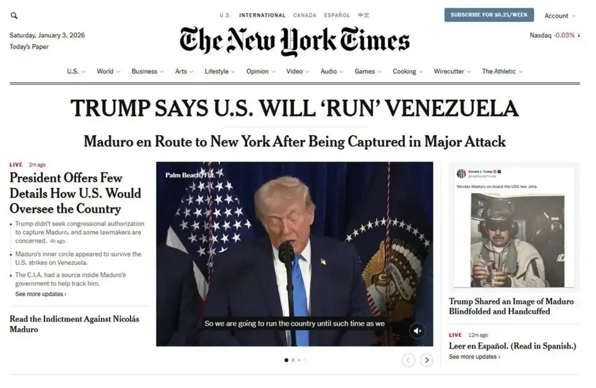 New York Times critica ação de Trump contra Venezuela e a classifica como ilegal