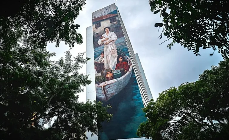 Painel de 45 metros de altura foi inaugurado no Centro Histórico de Porto Alegre para marcar 150 anos da imigração italiana no estado